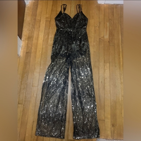 LUXXEL Riri Sequin Jumpsuit silver black mesh sparkly ✨ - Picture 3 of 11